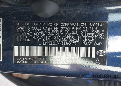 2012 Toyota Prius Three from USA, damaged, VIN JTDKN3DU3C0336870